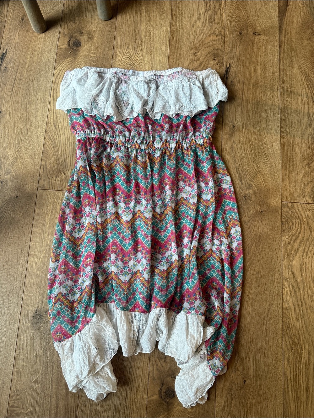 Jessica Simpson Strapless Chevron Floral Bubble Dress in Pink, Teal & White